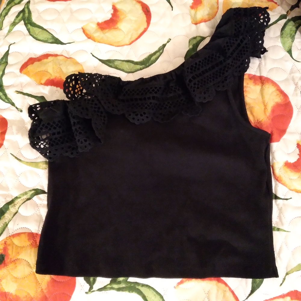NWT Express One Shoulder Black Ribbed Crop Top (L)